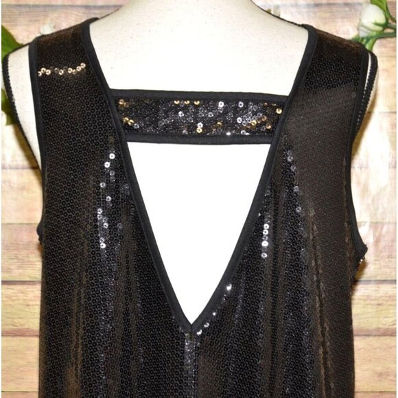 Olsenboye Black Sleeveless Sequins Party Cocktail Dress Size L Deep V Back LBD - Picture 7 of 10